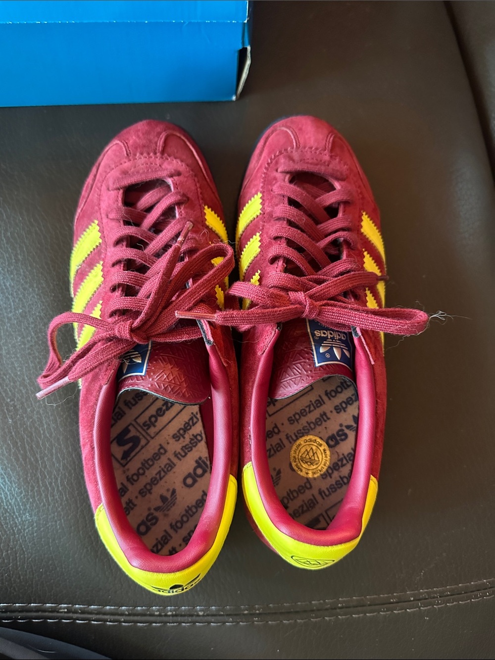 adidas Men’s Warszawa Suede Sneakers in Burgundy with Yellow Stripes - Picture 3 of 6
